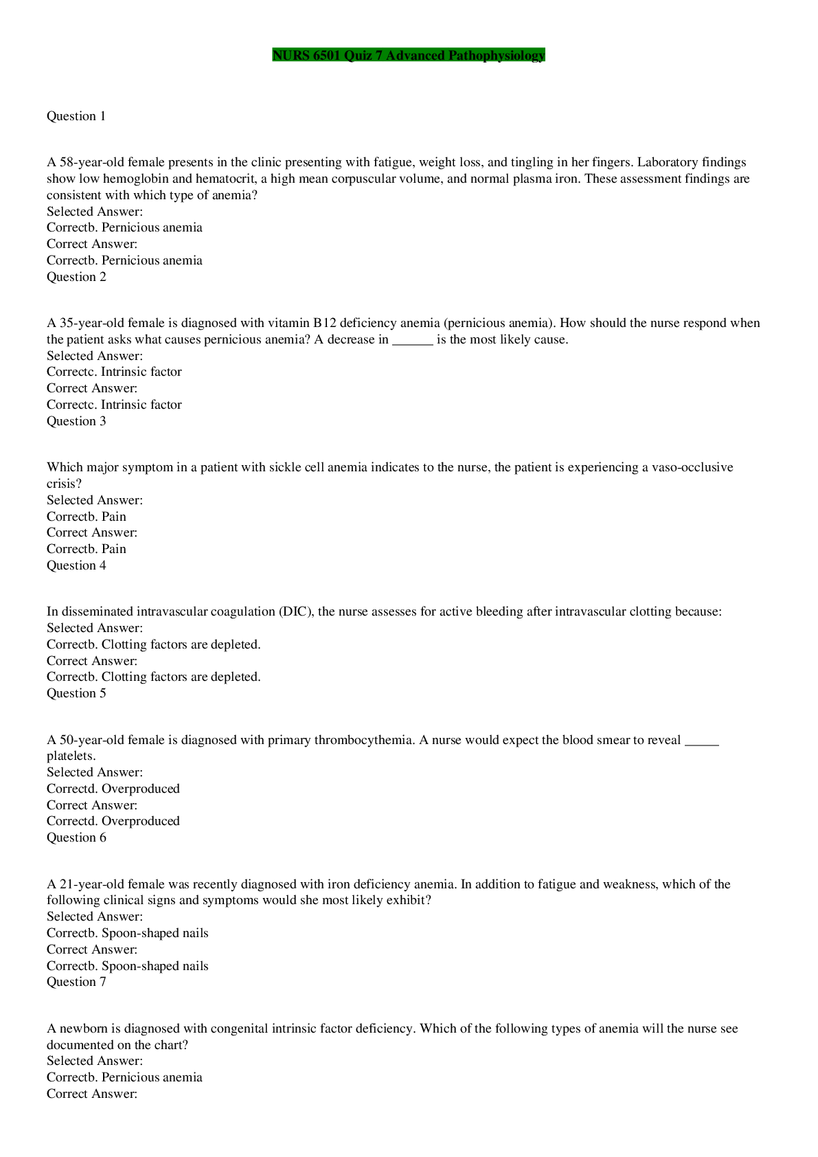 Preview image of NURS 6501 Quiz 7 Advanced Pathophysiology document